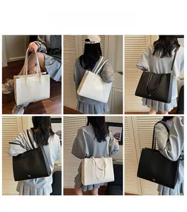Collage della modella che indossa borse tote bianche e nere a mano e a tracolla