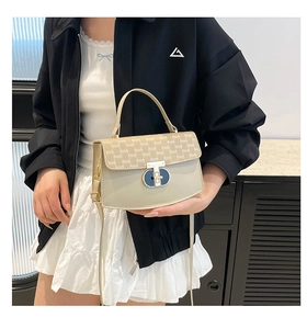 Close-up of stylish retro crossbody bag featuring T-shaped metal buckle and monogram print