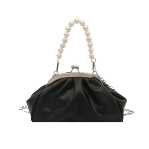 Black pleated cloud bag with pearl handle and silver chain strap for women