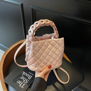 Women Quilted Rhombus Bucket Bag With Rhinestones PU Leather Fashion Handbag Woven Handle Small Shoulder Crossbody Bag