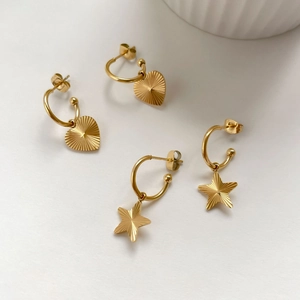 Titanium Steel Heart Star Drop Earrings Gold Plated Sunburst Texture C Shaped Hoop Minimalist Jewelry For Women