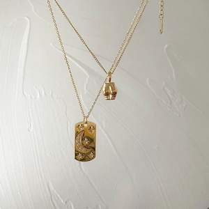 Collier Pendentif Étoile Lune Vintage En Acier Inoxydable 3D Corps Abstrait Torse Étiquette Carrée Zircon Chaîne Élégante