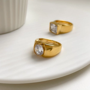 Minimalist 18k gold plated titanium steel rings with round and square cubic zirconia stones
