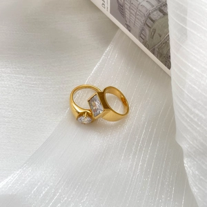 18k gold plated titanium steel ring set with large square and round zircon stones