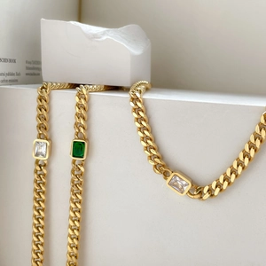 Cuban link necklaces and bracelets with emerald and white square zirconia on stone blocks