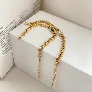 Cuban Chain Necklace Bracelet Square Emerald White Zircon Titanium Steel Retro French Style Jewelry For Women