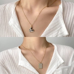 Checkerboard Heart Rectangle Pendant Necklace Stainless Steel Gold Plated Enamel Black White Grid Hip Hop Jewelry Women