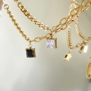 Square zircon pendant necklace with chunky 14K gold chain and two-tone gemstones
