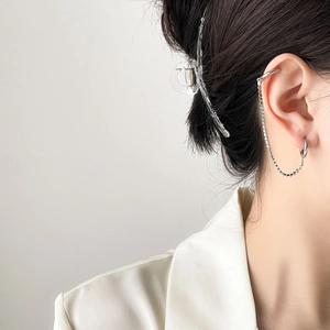 Detail of silver double-loop chain earrings and clear acrylic hair claw on a model