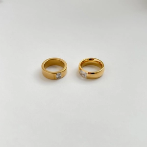 Geometric Square Zircon Gold Plated Titanium Steel Ring Minimalist Matte Polished Stackable Statement Finger Jewelry