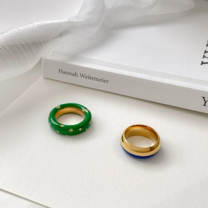 Bague Rétro En Acier Inoxydable Émail Plaqué Or Minimaliste Large Zircon Vert Émeraude Bleu Royal Bijoux Femmes