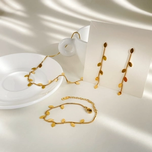 Dainty Leaf Pendant Necklace Golden Stainless Steel Long Tassel Earrings Bracelet Jewelry Women Minimalist Boho Style