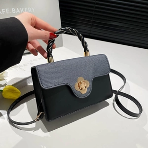 Women Fashion Splicing Shoulder Bag Flower Lock Braided Handle Crossbody Handbag For Daily Commute Elegant Square Bag