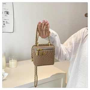 Details der Mini-Beige-Schlangenmuster-Umhängetasche mit Goldblumenlogo und Kette