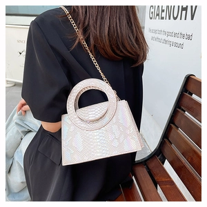 Close-up of holographic snake pattern handbag with round handle and gold chain strap
