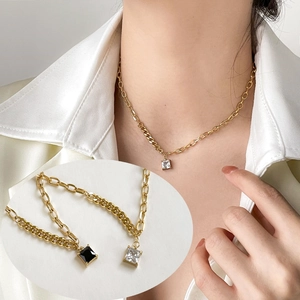 Square Zircon Pendant Necklace Titanium Steel Gold Plated Minimalist Geometric Clavicle Chain For Women