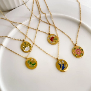 Artistic Pendant Necklace Gold Plated Stainless Steel Enamel Painted Round Oval Plate Vintage Elegant Jewelry For Women