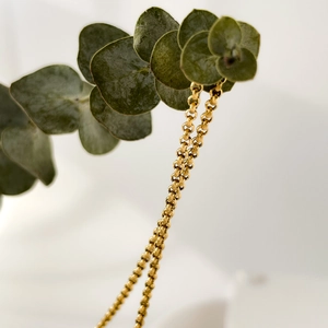 Vue macro d'un collier chaîne rolo dorée sur des feuilles d'eucalyptus, fond gris épuré