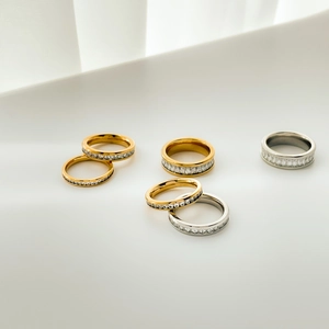 Close-up of eternity band ring set with gold and silver plating and sparkling crystals