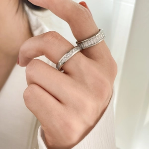 Sparkling silver titanium steel eternity rings with full row cubic zirconia inlay