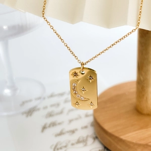 Gold plated titanium steel rectangular necklace with celestial moon and star pattern