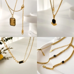 Collier Bracelet En Acier Inoxydable Plaqué Or 18 Carats Zircon Noir Fausse Künstliche Perle Géométrique Pendentif Coeur Bijoux Vintage Femmes