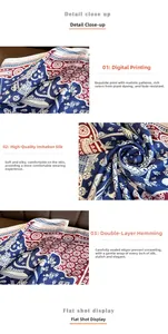Detail close-up of premium satin silk scarf showing digital print and double-stitched hem