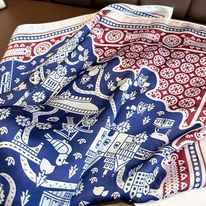 Elegant red blue and white silk-like square scarf with intricate landscape art print