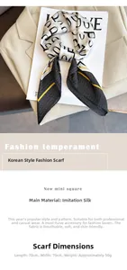 Detail of 70x70cm faux silk square scarf with modern letter print and yellow border