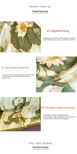 Detailed view of silk-like scarf with lotus print and refined double-stitched edges
