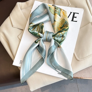 Elegant vintage lotus square silk scarf with floral sunflower print for women office style
