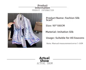 Détail d'un foulard en soie synthétique violette avec fleurs et taille 90x180cm