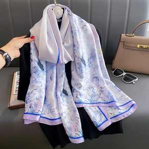 Foulard En Satin Artificielle Pour Femmes Châle Élégant Imprimé Floral Satin Longue Écharpe Violet Roland