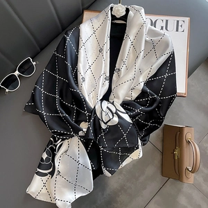 Elegant camellia silk scarf with monochrome diamond pattern for women's fashion wear