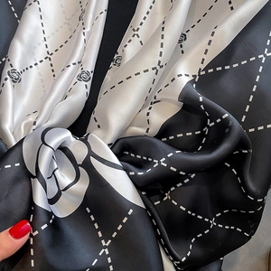 Elegant camellia silk scarf with black and white diamond lattice and rose floral patterns