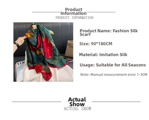 Detail view of 90x180cm faux silk scarf with green peony print and product dimensions