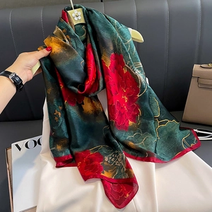 Chinese Style Faux Satin Floral Print Scarf Elegant Peony Pattern Retro Thin Shawl For Women Vintage Fashion Wrap