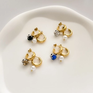 Asymmetric C-Shaped Hoop Earrings With Artificial Pearl And Colorful Zircon Crystal Titanium Steel Gold Plated French Style For Women