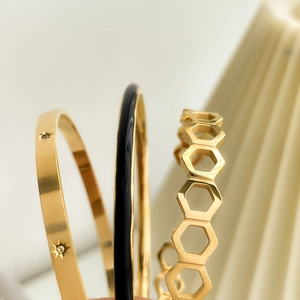 Minimalist Bangle Bracelet Titanium Steel Gold Plated Hollow Honeycomb Star Zircon Black Enamel Geometric For Women