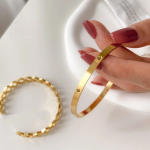 Minimalist gold open cuff bracelet set with star zircon inlay and hollow honeycomb texture