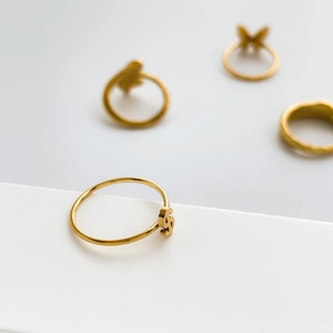 Macro view of gold punk rings featuring dollar sign, butterfly and leaf design details