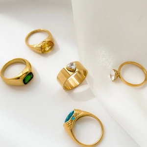 Geometric Zircon Rings Titanium Steel Gold Plated Colorful Gemstone Statement Jewelry Women Fashion Accessory