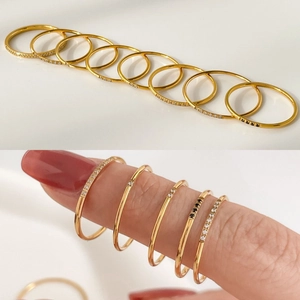 Minimalist Thin Band Rings Titanium Steel Gold Plated Zirconia Inlaid Geometric Dainty Stacking Jewelry For Women Elegant