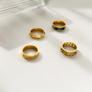Bagues En Acier Inoxydable Incrustation Coquille D'Abalone Zircone Creux Géométrique Étoile Bijoux Chic Pour Femmes