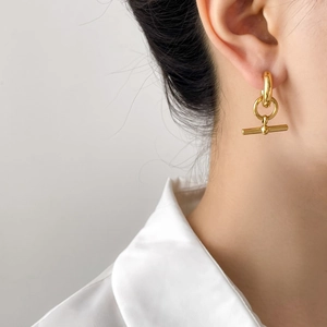 Elegant gold T-bar toggle dangle earrings for women with minimalist geometric style