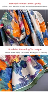 Detail of floral silk scarf showing active carbon dyeing and precision stitched edges