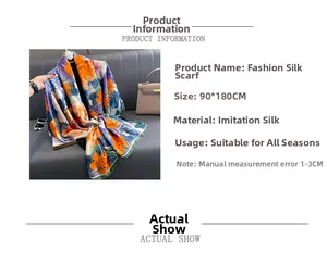 Floral print satin shawl 90x180cm featuring orange and purple flowers on a soft fabric