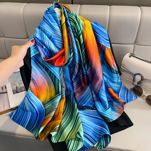 Detailed view of abstract colorful patterned silk scarf with premium glossy satin texture