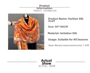 Détail d'un foulard en soie de 90x180cm avec motif floral orange et texture douce