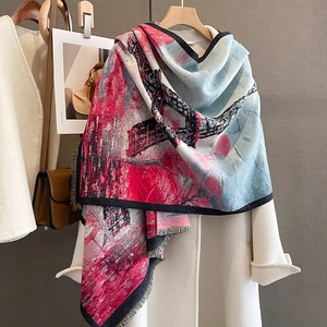 Artistic Eiffel Tower cashmere scarf with abstract oil painting print and tassels